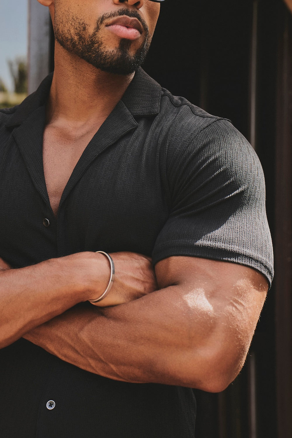 Textured Cuban Collar Shirt in Black - TAILORED ATHLETE - USA