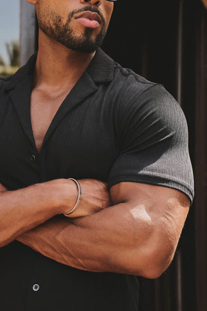 Linear Textured Cuban Collar Shirt in Black