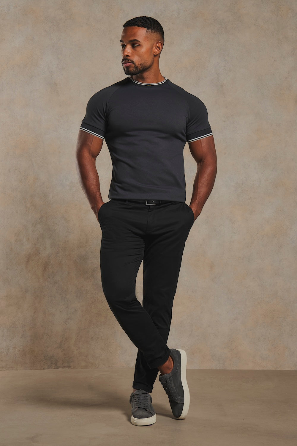Textured Tipped T-Shirt in Charcoal with White & Grey Tipping