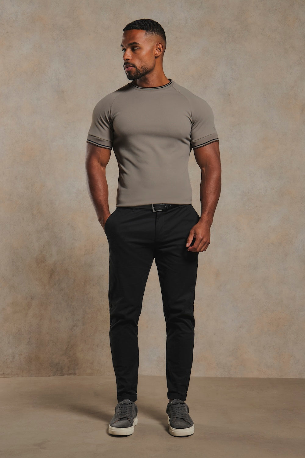 Textured Tipped T-Shirt in Mocha with Navy & Brown Tipping