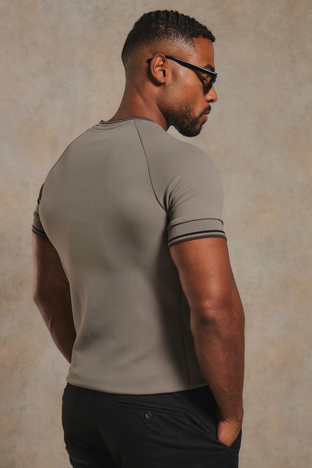 Textured Tipped T-Shirt in Mocha with Navy & Brown Tipping