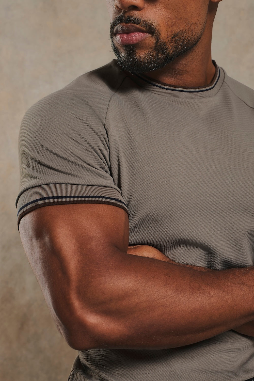 Textured Tipped T-Shirt in Mocha with Navy & Brown Tipping
