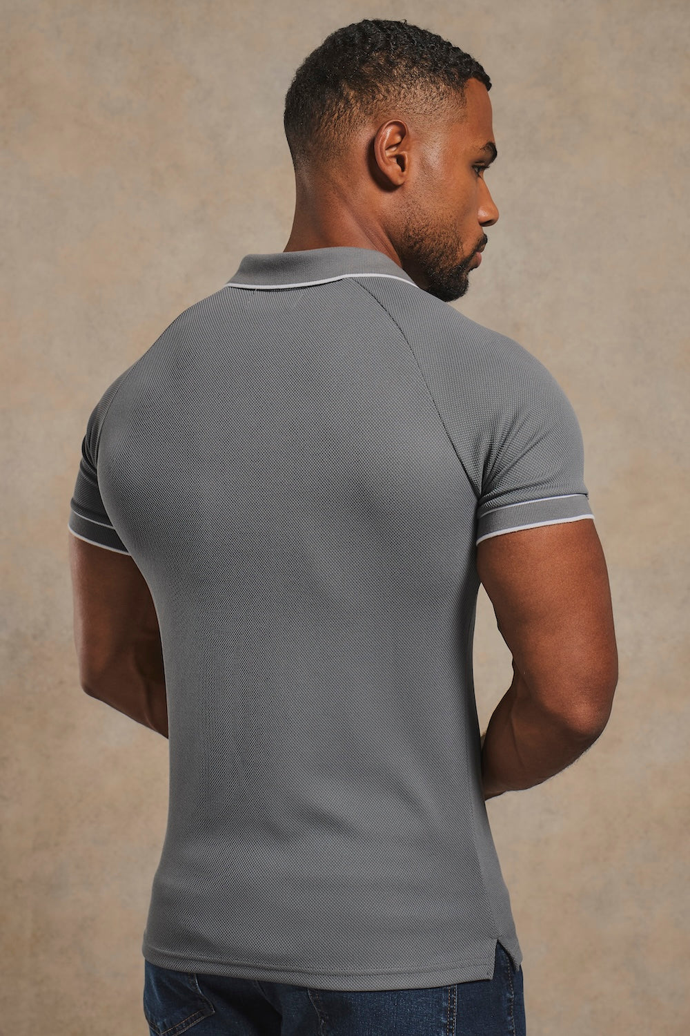 Tipped Textured Open Collar Polo Shirt in Grey and White