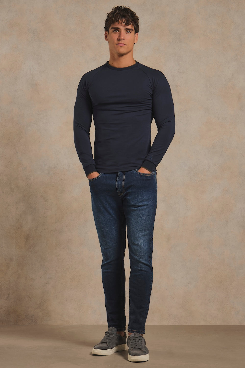 Tipped Long Sleeve T-Shirt in Navy with Khaki Tipping