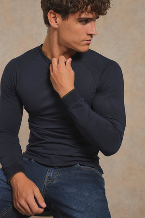 Tipped Long Sleeve T-Shirt in Navy with Khaki Tipping