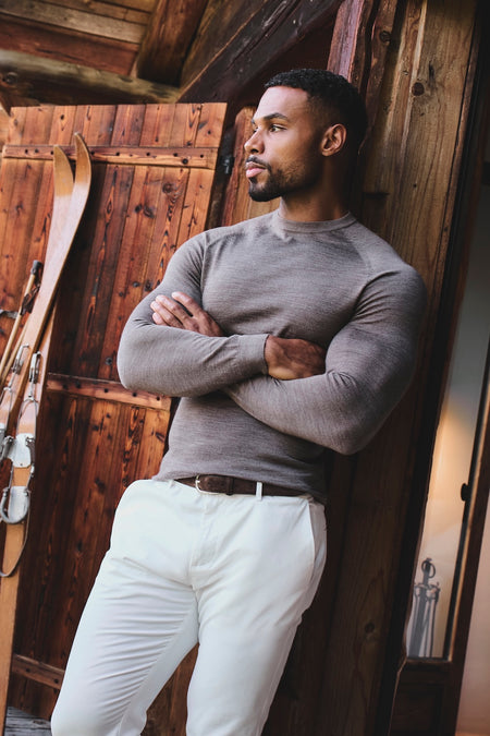 Extra Fine Merino Wool Crew Neck Sweater in Mocha Marl