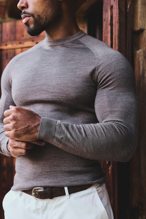 Extra Fine Merino Wool Crew Neck Sweater in Mocha Marl