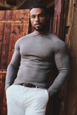 Extra Fine Merino Wool Crew Neck Sweater in Mocha Marl