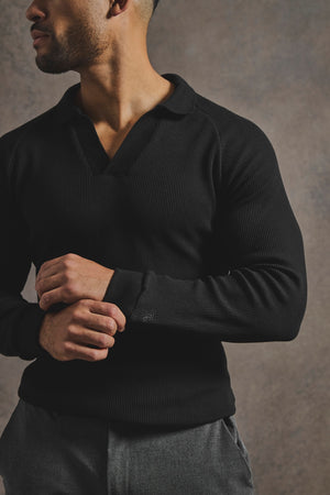 Textured Buttonless Polo Shirt in Black - TAILORED ATHLETE - USA