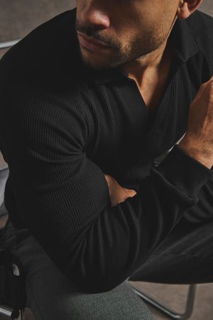 Textured Buttonless Polo Shirt in Black - TAILORED ATHLETE - USA