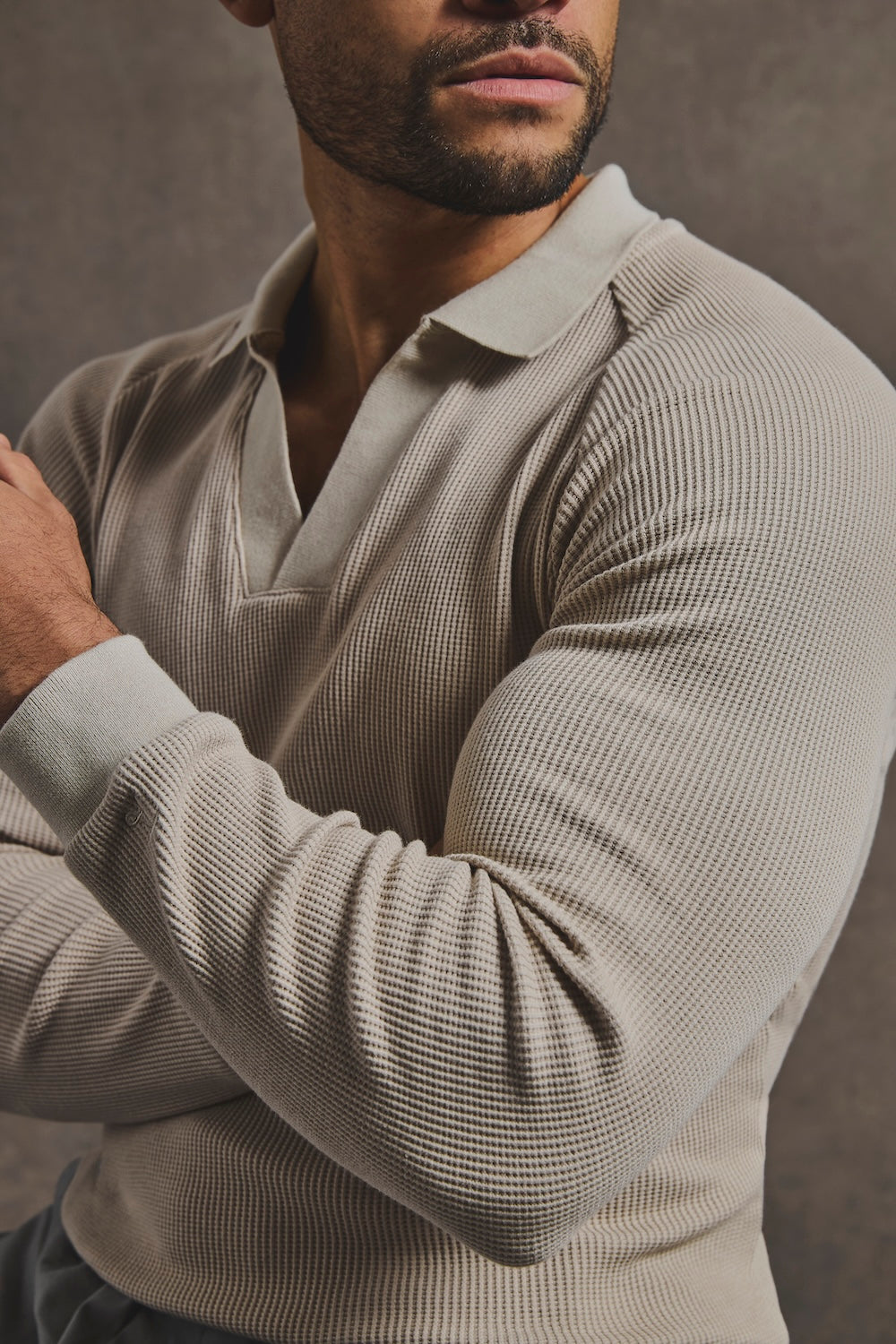 Textured Buttonless Polo Shirt in Stone - TAILORED ATHLETE - USA