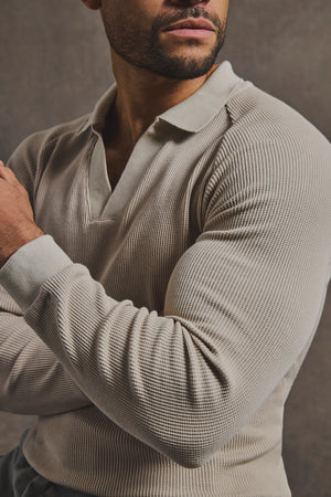 Textured Buttonless Polo Shirt in Stone - TAILORED ATHLETE - USA