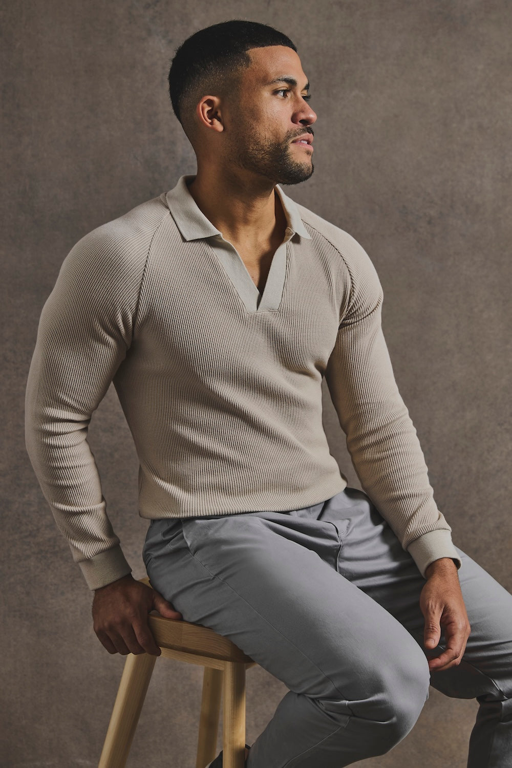 Textured Buttonless Polo Shirt in Stone - TAILORED ATHLETE - USA