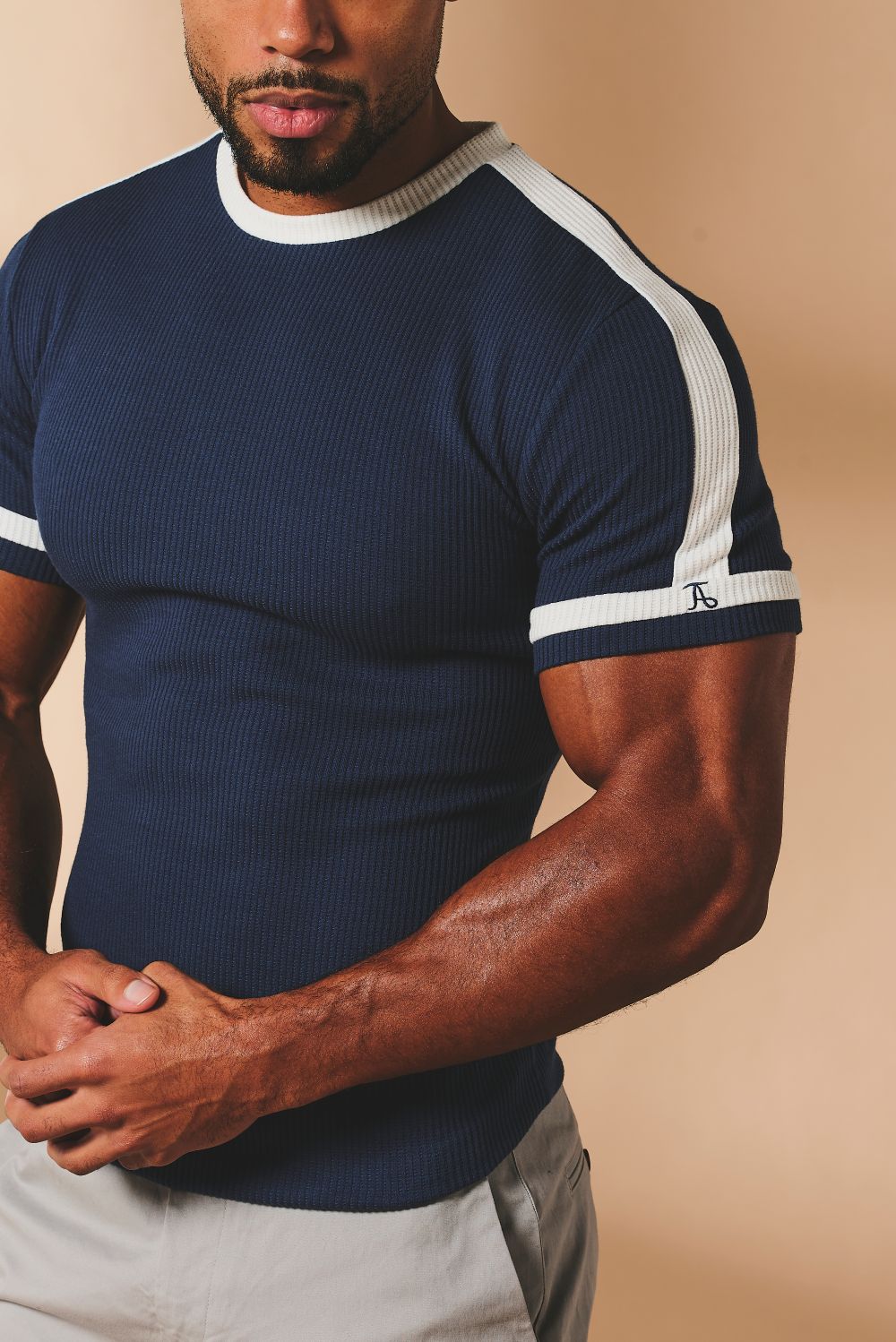 Textured Colour Blocked T-Shirt in White and Navy - TAILORED ATHLETE - USA