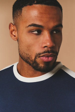 Textured Colour Blocked T-Shirt in White and Navy - TAILORED ATHLETE - USA