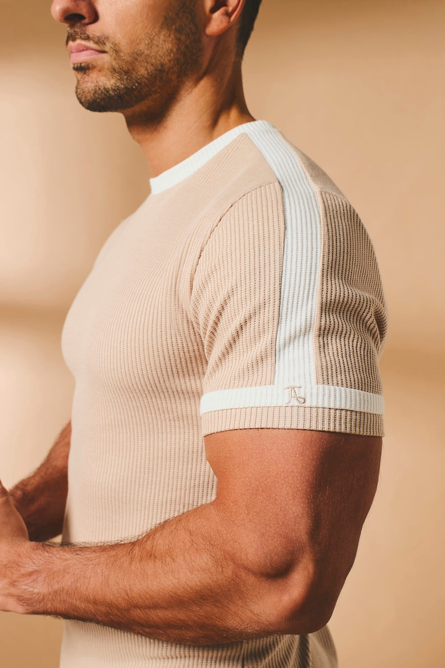 Textured Colour Blocked T-Shirt in Stone and White - TAILORED ATHLETE - USA