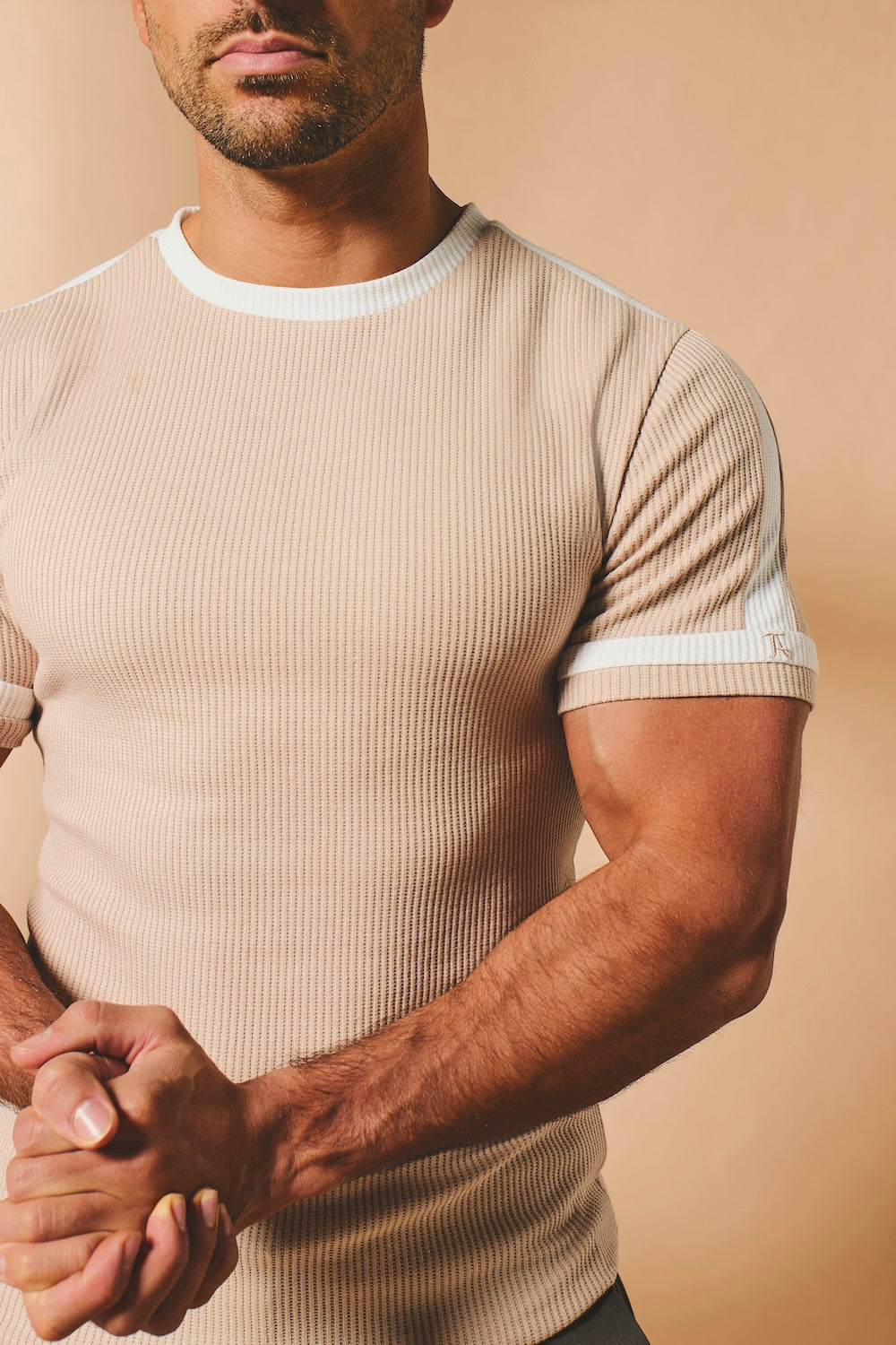 Textured Colour Blocked T-Shirt in Stone and White - TAILORED ATHLETE - USA