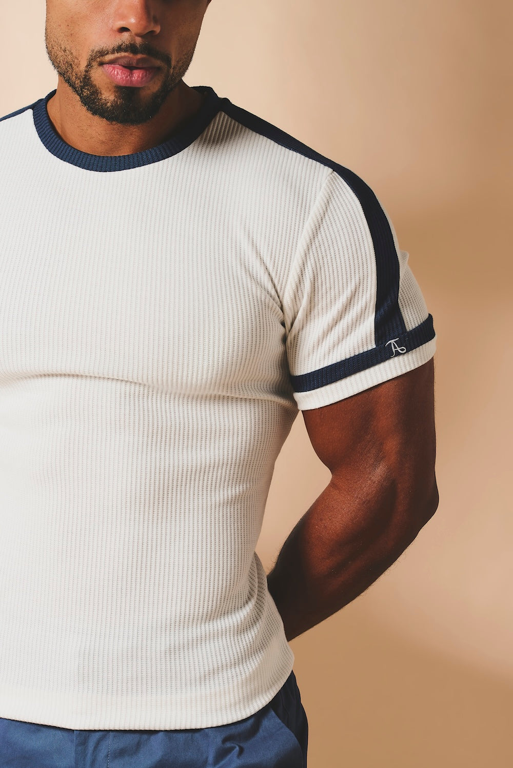 Textured Colour Blocked T-Shirt in White and Navy - TAILORED ATHLETE - USA