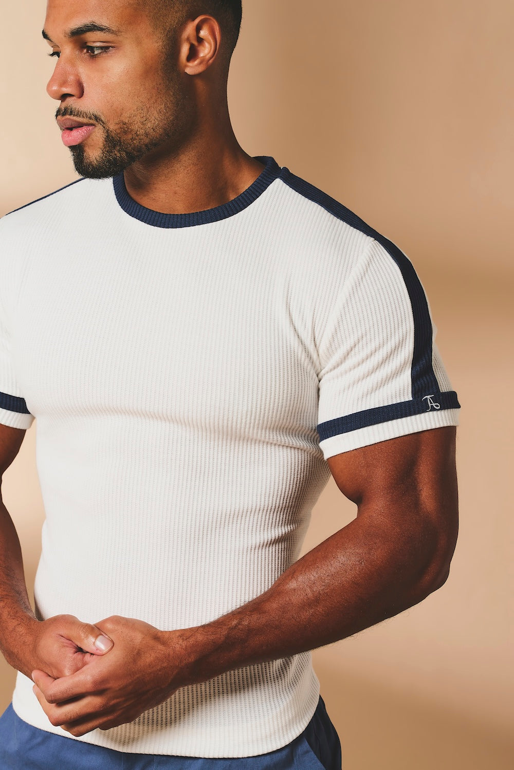 Textured Colour Blocked T-Shirt in White and Navy - TAILORED ATHLETE - USA