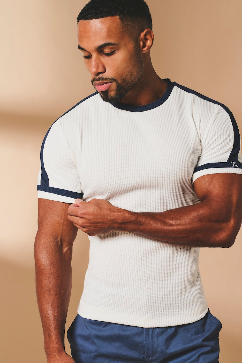 Textured Colour Blocked T-Shirt in White and Navy - TAILORED ATHLETE - USA