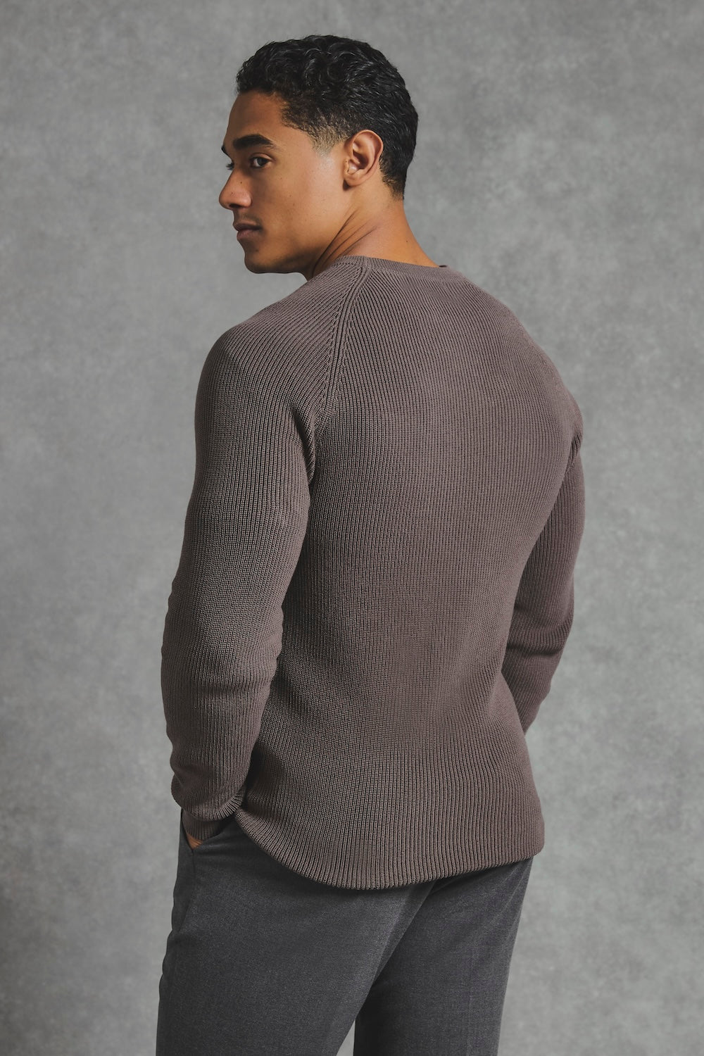Pure Cotton Knitted Textured Crew Neck Sweater in Truffle - TAILORED ATHLETE - USA