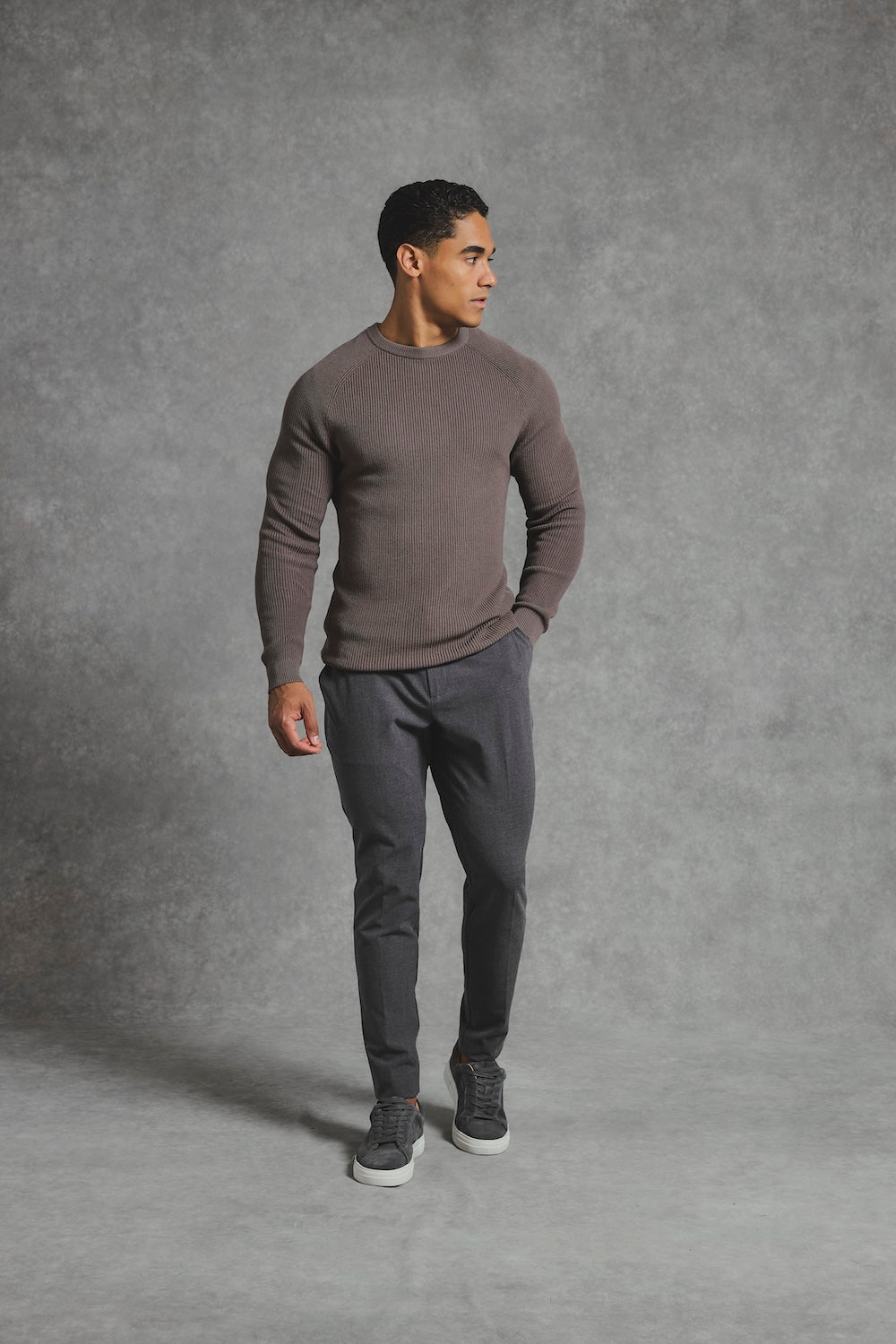 Pure Cotton Knitted Textured Crew Neck Sweater in Truffle - TAILORED ATHLETE - USA