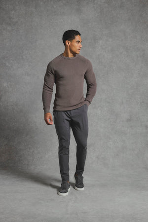 Pure Cotton Knitted Textured Crew Neck Sweater in Truffle - TAILORED ATHLETE - USA