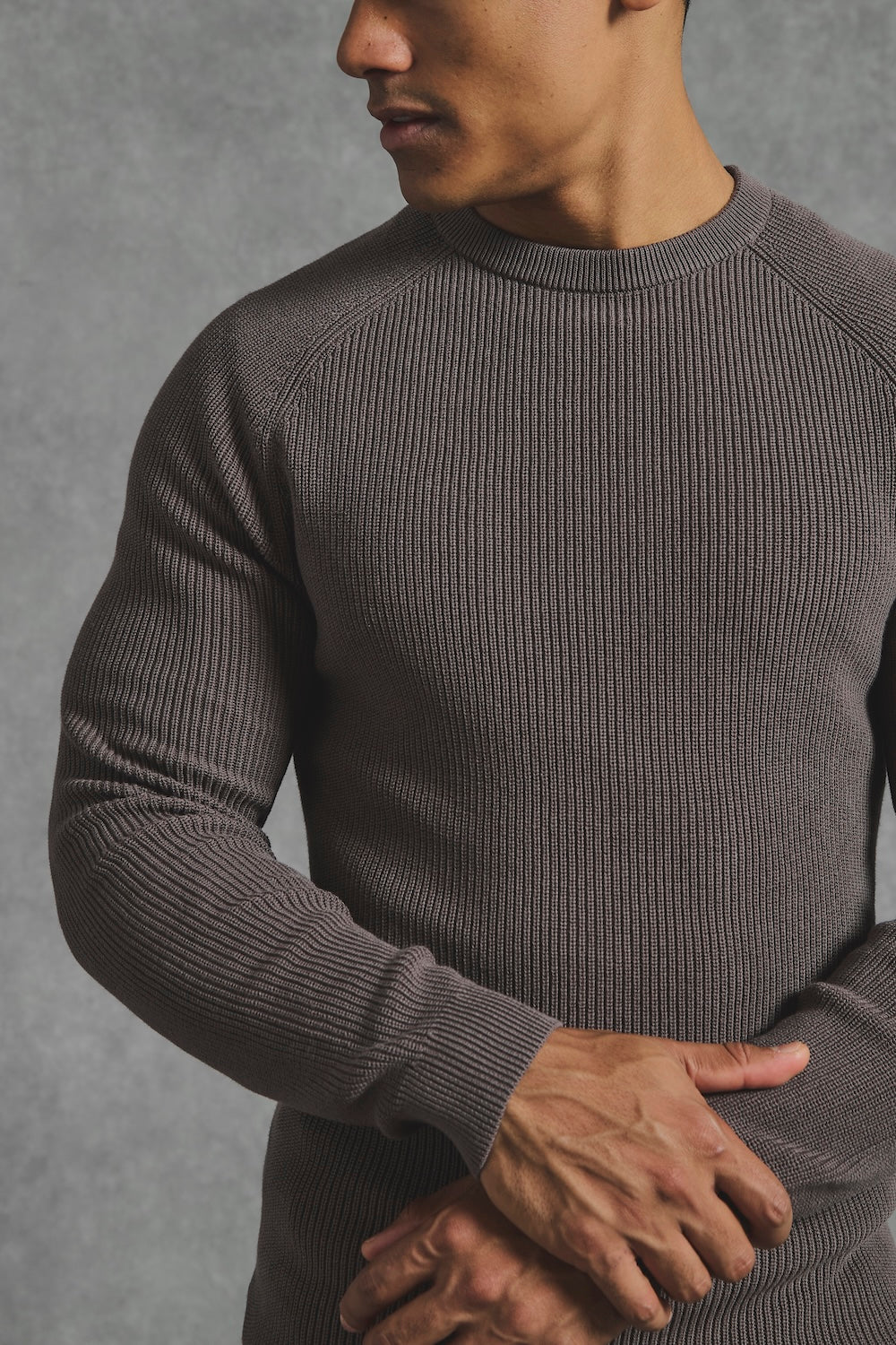Pure Cotton Knitted Textured Crew Neck Sweater in Truffle - TAILORED ATHLETE - USA