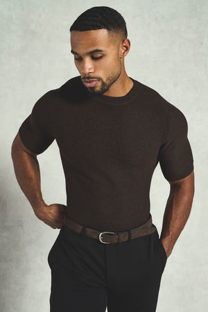 Textured Knitted Crew Neck T-shirt in Chocolate - TAILORED ATHLETE - USA