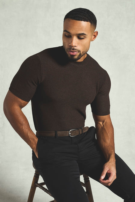 Textured Knitted Crew Neck T-shirt in Chocolate - TAILORED ATHLETE - USA