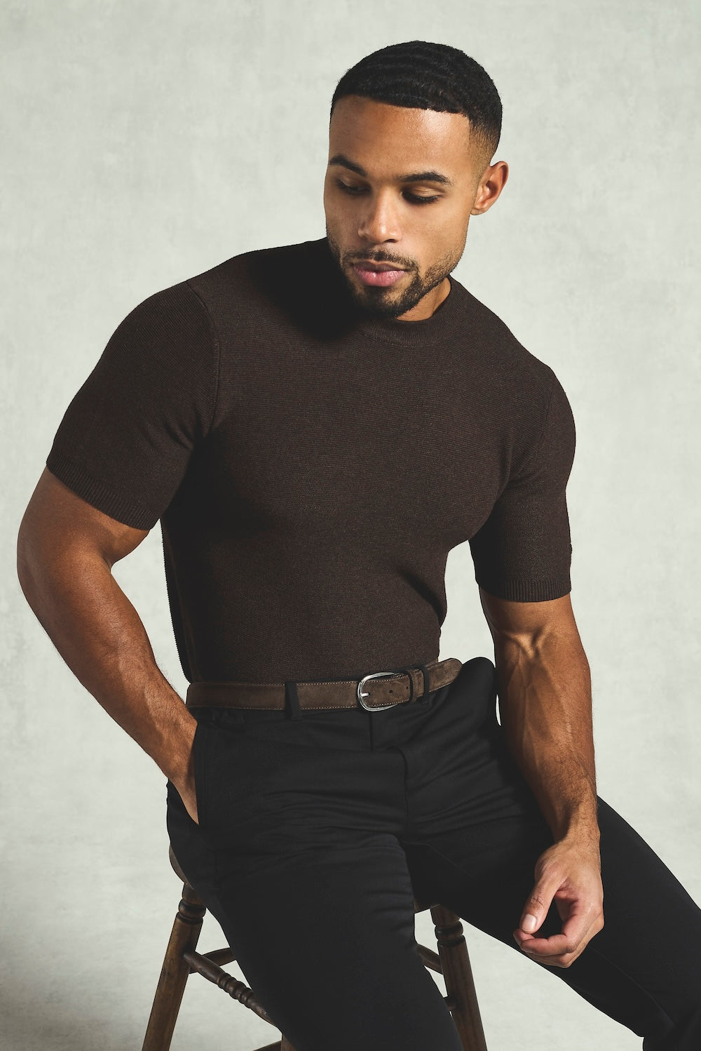 Textured Knitted Crew Neck T-shirt in Chocolate - TAILORED ATHLETE - USA