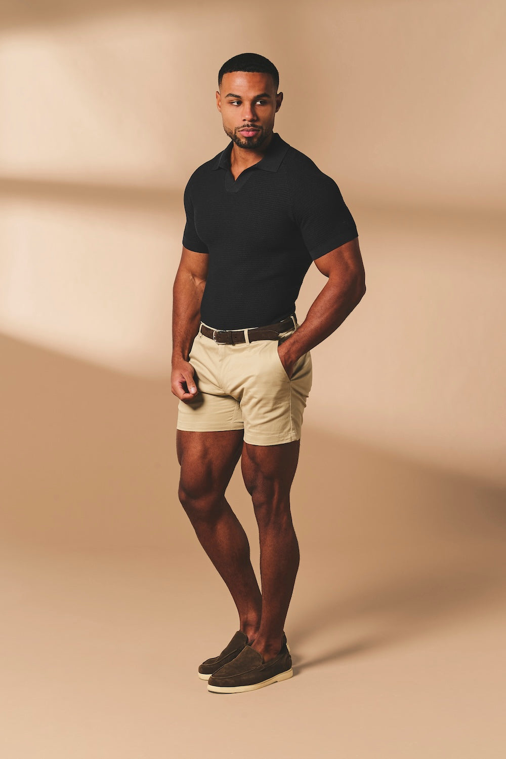 Textured Knitted Open Collar Polo Shirt in Black - TAILORED ATHLETE - USA