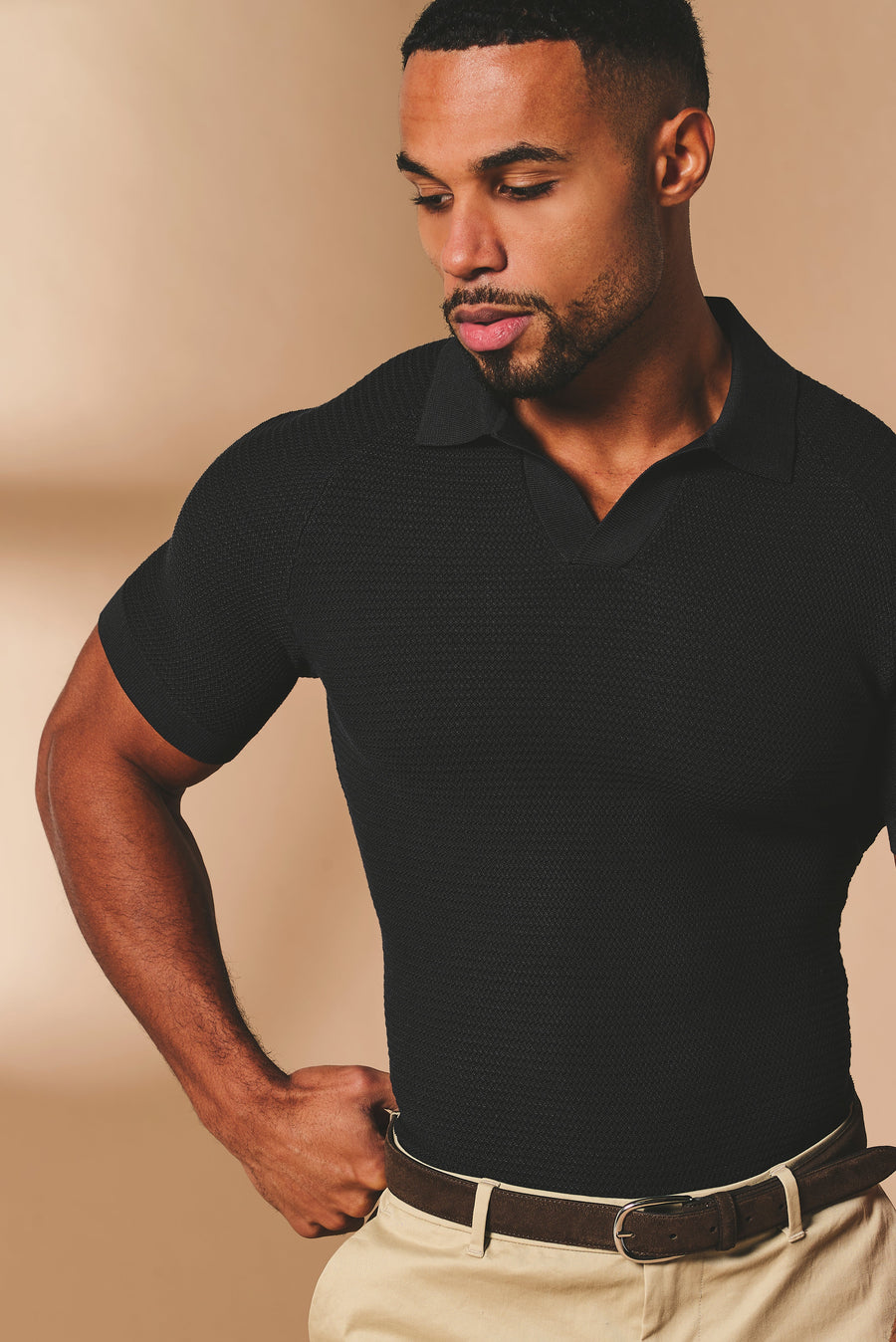Textured Knitted Open Collar Polo Shirt in Black - TAILORED ATHLETE - USA