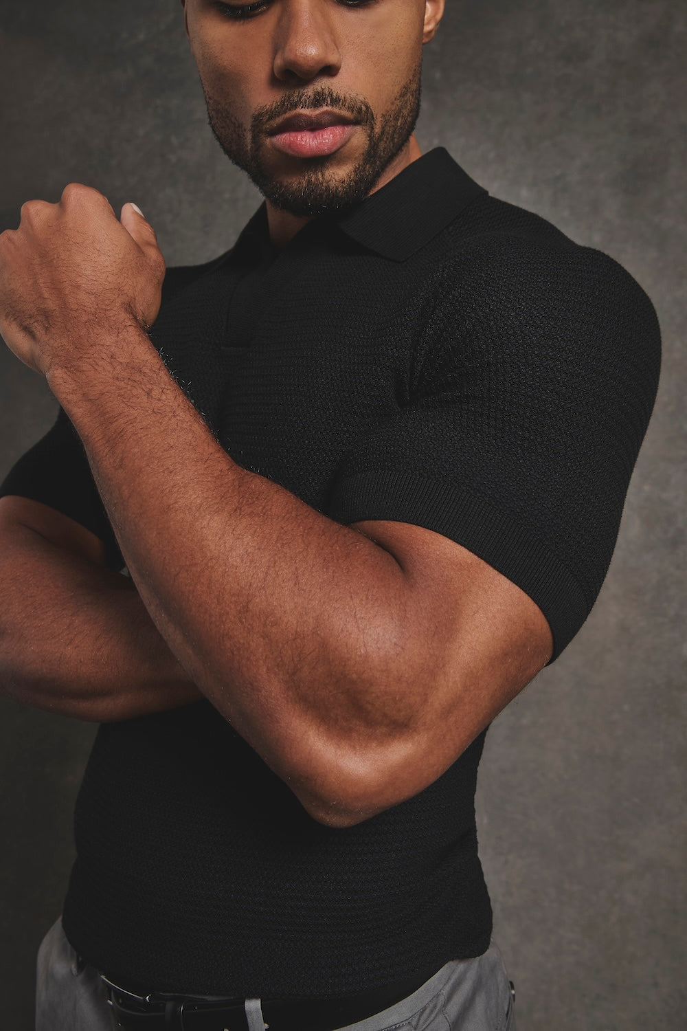 Textured Knitted Open Collar Polo Shirt in Black - TAILORED ATHLETE - USA