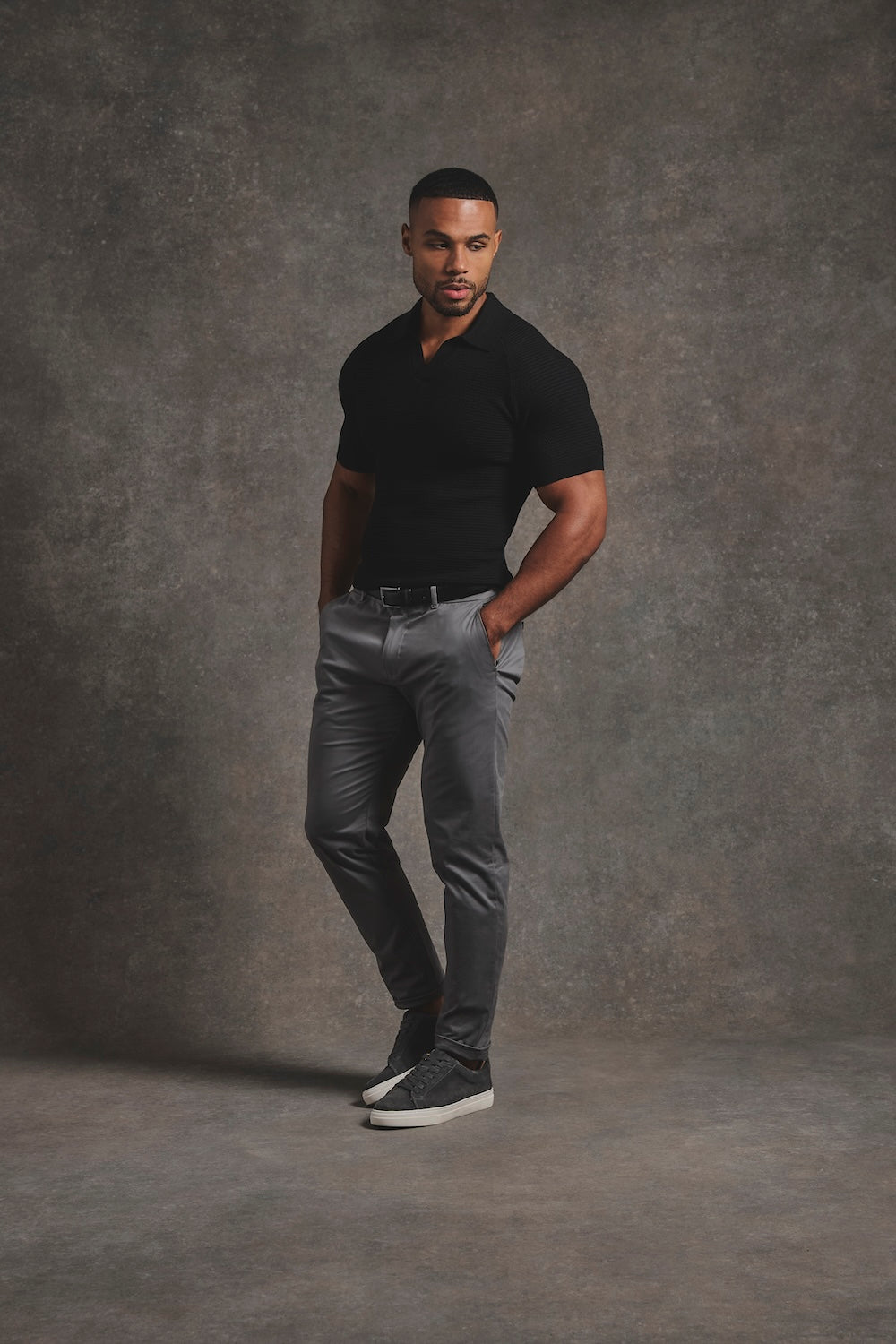 Textured Knitted Open Collar Polo Shirt in Black - TAILORED ATHLETE - USA