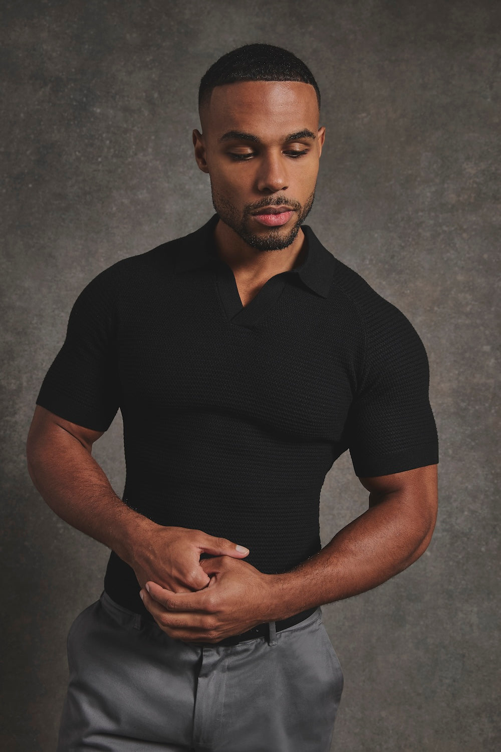 Textured Knitted Open Collar Polo Shirt in Black - TAILORED ATHLETE - USA