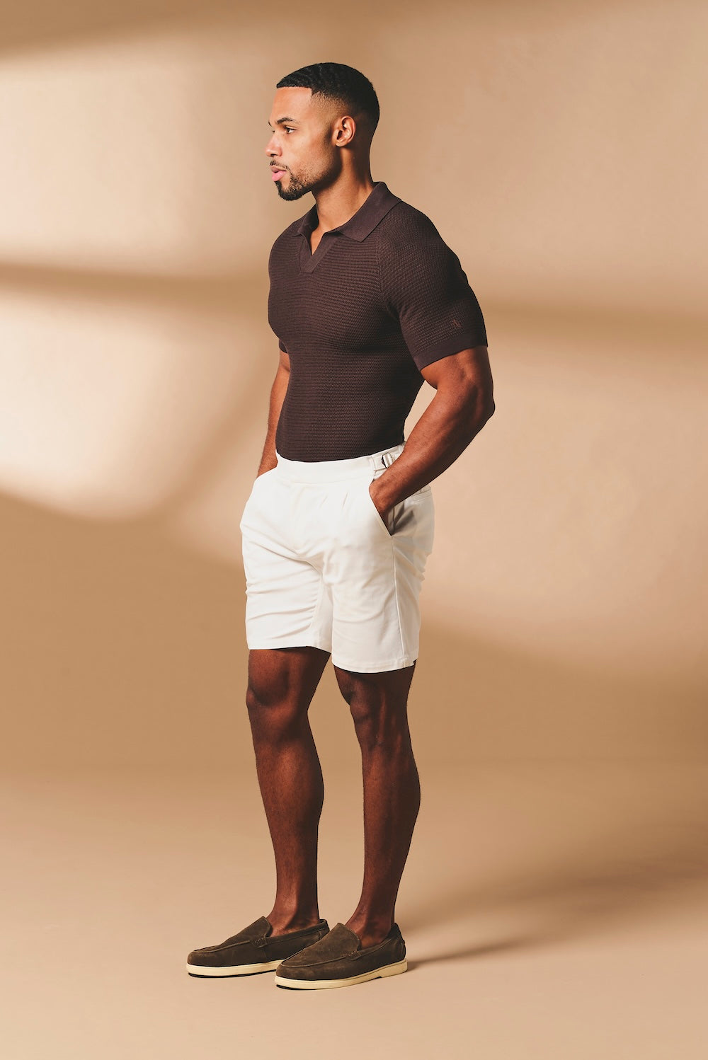 Textured Knitted Open Collar Polo Shirt in Chocolate - TAILORED ATHLETE - USA