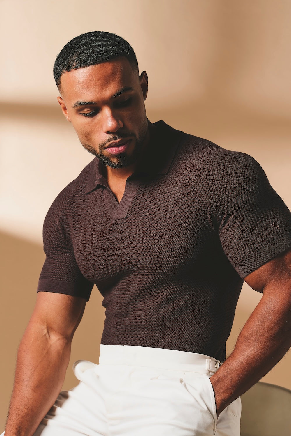 Textured Knitted Open Collar Polo Shirt in Chocolate - TAILORED ATHLETE - USA