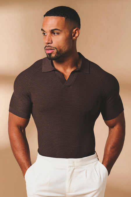Textured Knitted Open Collar Polo Shirt in Chocolate - TAILORED ATHLETE - USA
