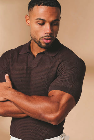Textured Knitted Open Collar Polo Shirt in Chocolate - TAILORED ATHLETE - USA
