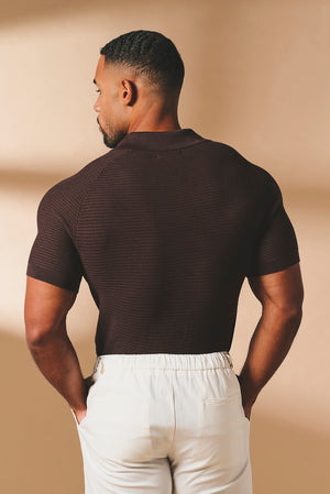 Textured Knitted Open Collar Polo Shirt in Chocolate - TAILORED ATHLETE - USA