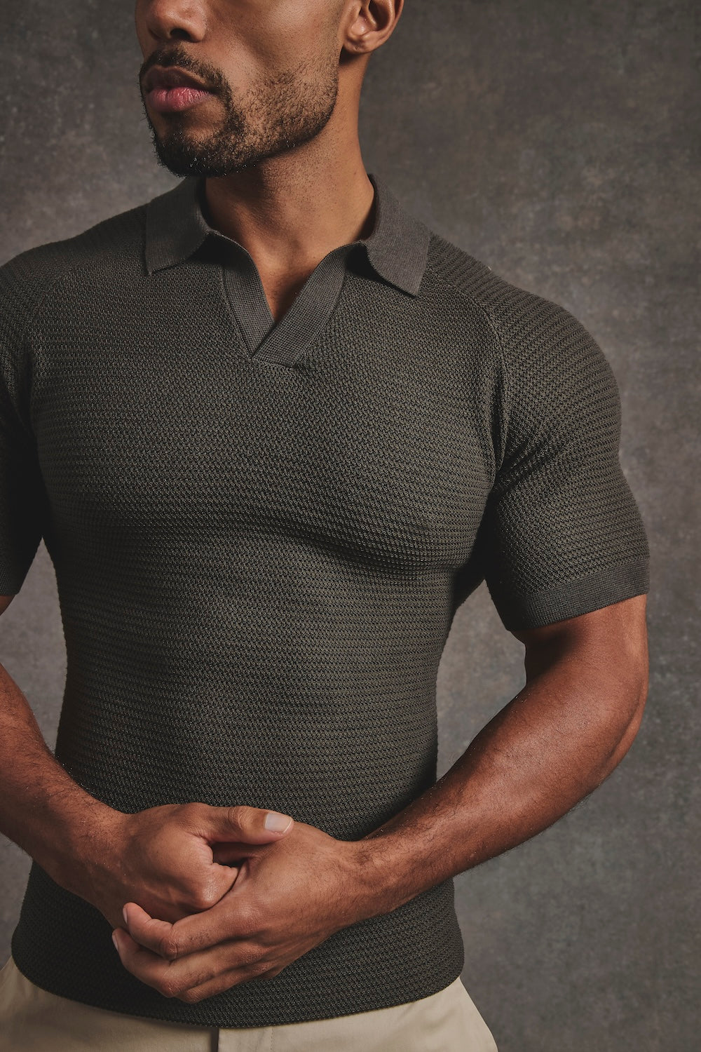 Textured Knitted Open Collar Polo Shirt in Dark Olive - TAILORED ATHLETE - USA