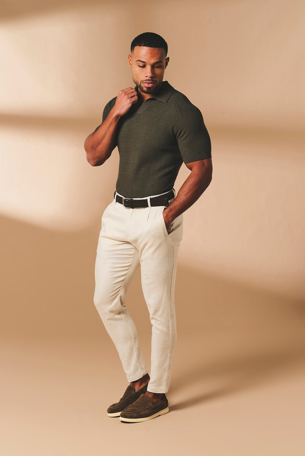 Textured Knitted Open Collar Polo Shirt in Dark Olive - TAILORED ATHLETE - USA