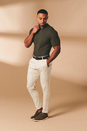 Textured Knitted Open Collar Polo Shirt in Dark Olive - TAILORED ATHLETE - USA