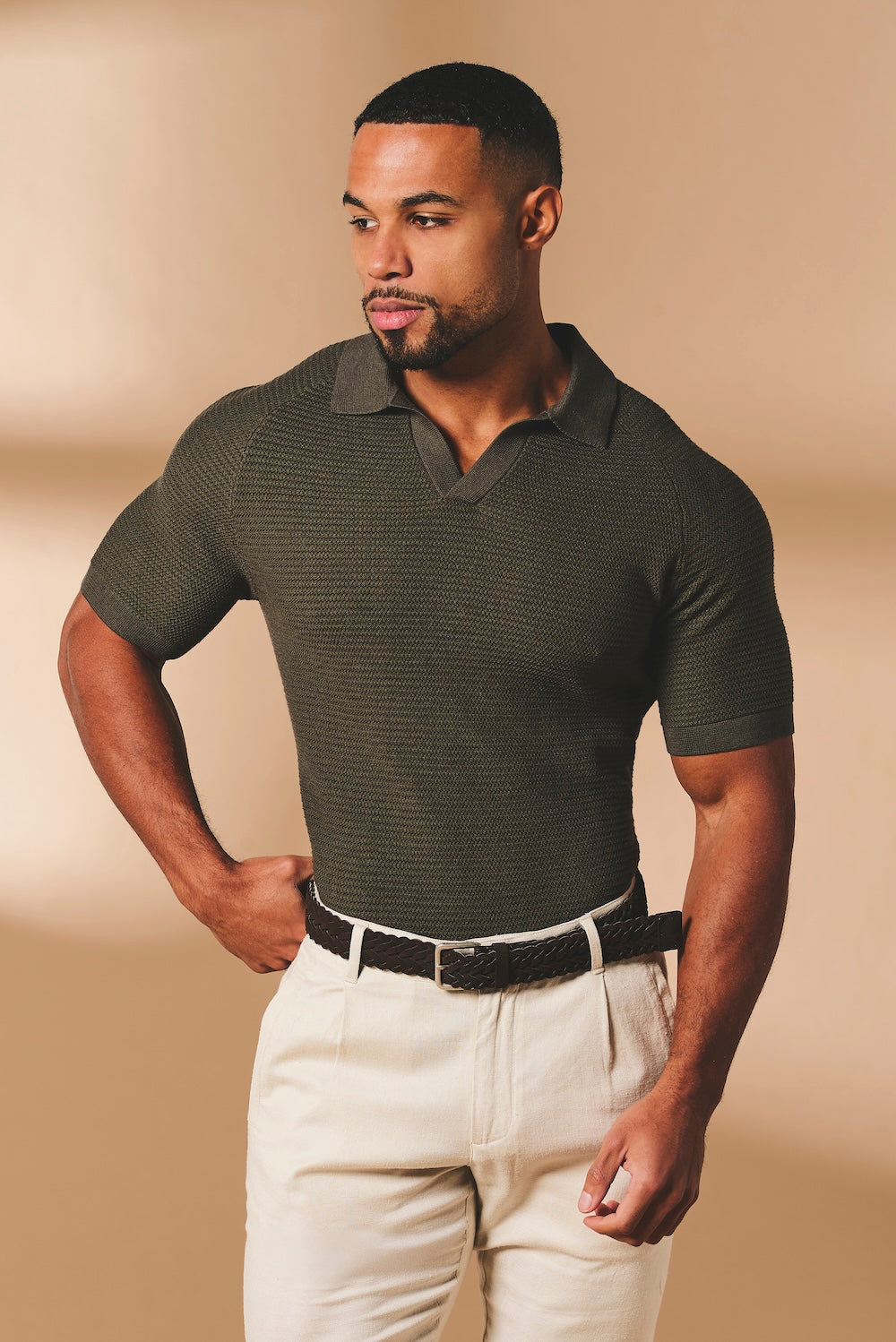 Textured Knitted Open Collar Polo Shirt in Dark Olive - TAILORED ATHLETE - USA