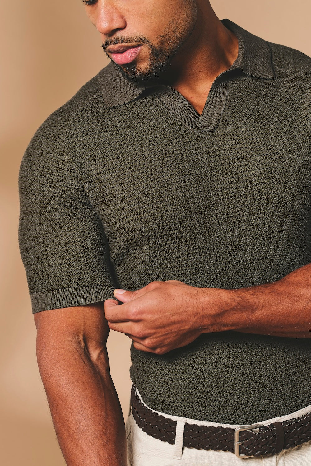 Textured Knitted Open Collar Polo Shirt in Dark Olive - TAILORED ATHLETE - USA