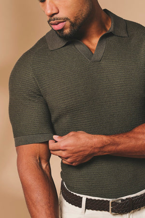 Textured Knitted Open Collar Polo Shirt in Dark Olive - TAILORED ATHLETE - USA