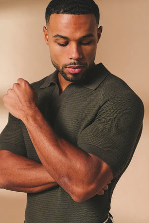 Textured Knitted Open Collar Polo Shirt in Dark Olive - TAILORED ATHLETE - USA