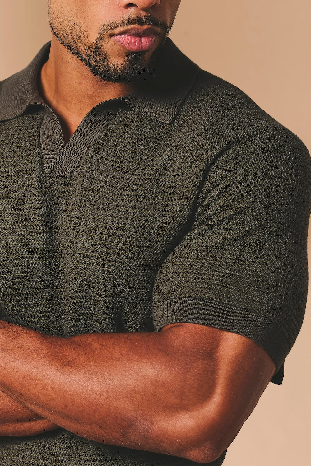 Textured Knitted Open Collar Polo Shirt in Dark Olive - TAILORED ATHLETE - USA