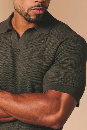 Textured Knitted Open Collar Polo Shirt in Dark Olive - TAILORED ATHLETE - USA